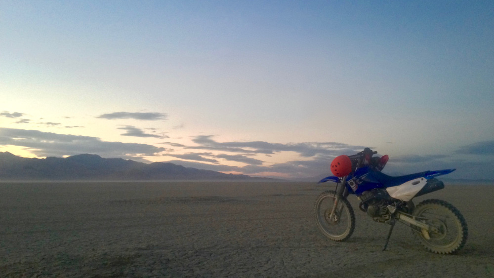 the motorbike on the playa at sunset