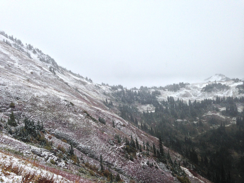 snow on the hillside, looking back towards camp