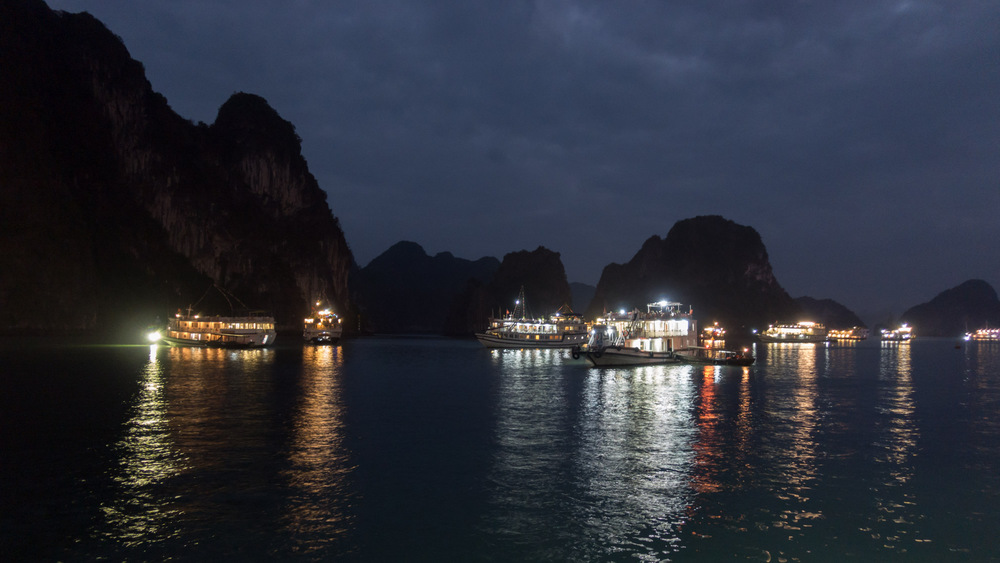 moored and illuminated boats at night