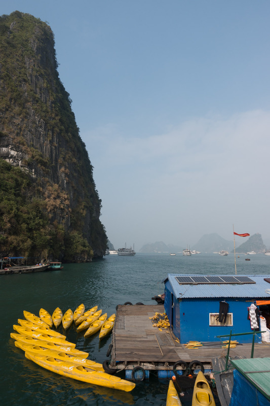 kayaks tied to a floating platform