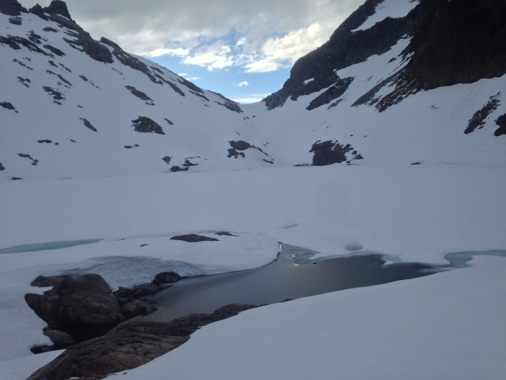 the frozen surface of Foggy Lake