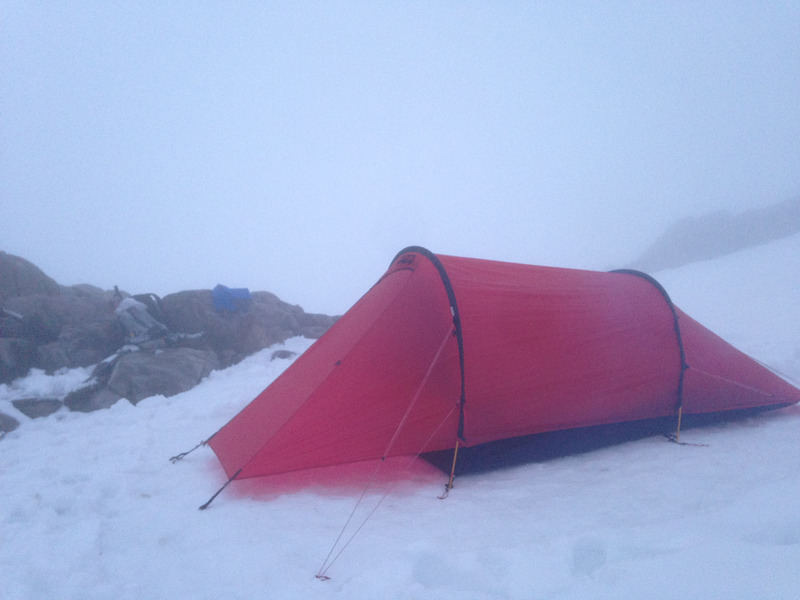 our tent, shrouded in fog