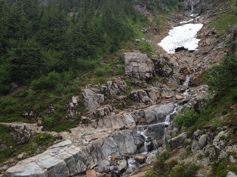 waterfall emerging from beneath a snow bank