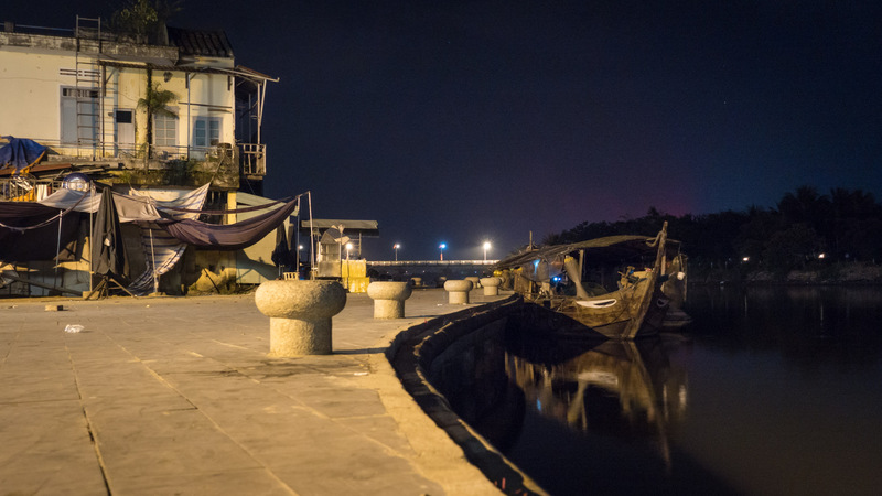 docked boat at night