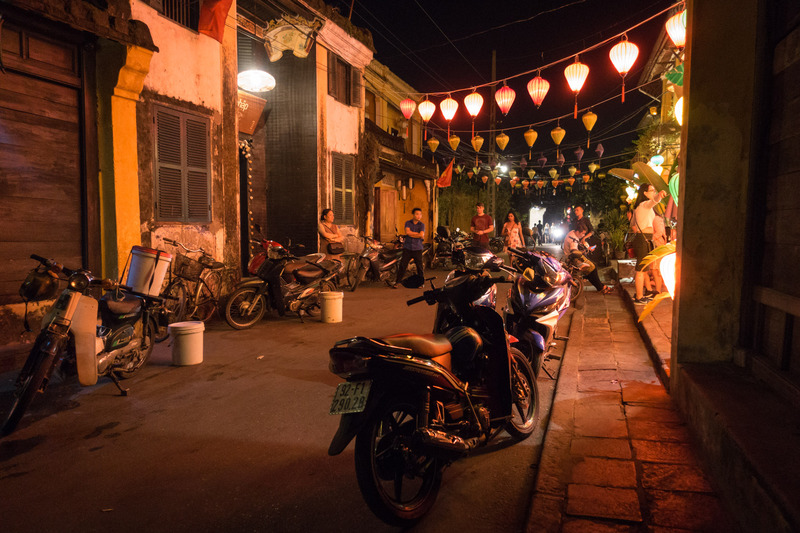 street lit up with red lanterns