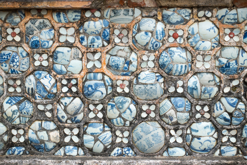 blue and white mosaic on a wall