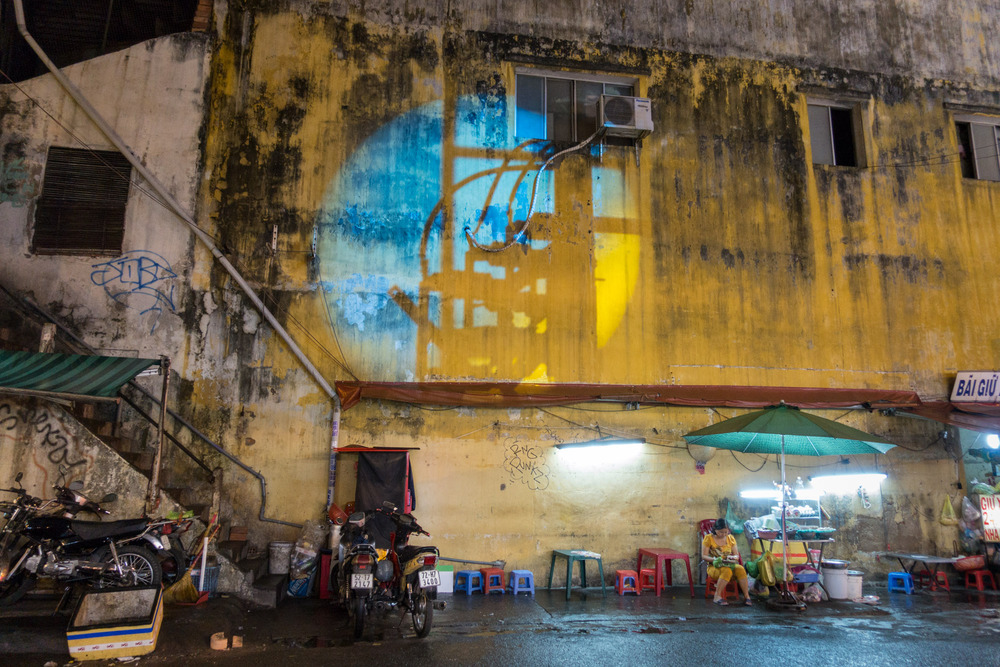 nightclub lights on a dirty yellow wall