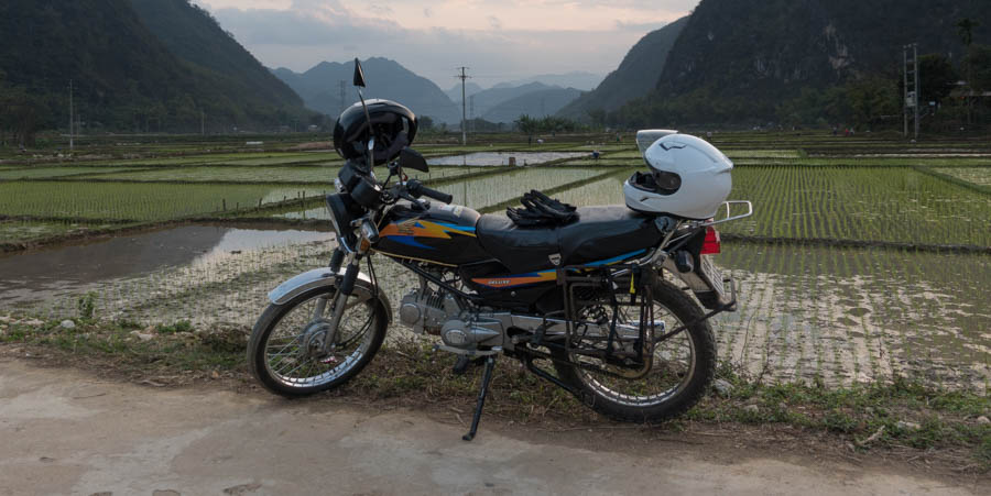 motorbike in front of rice paddies