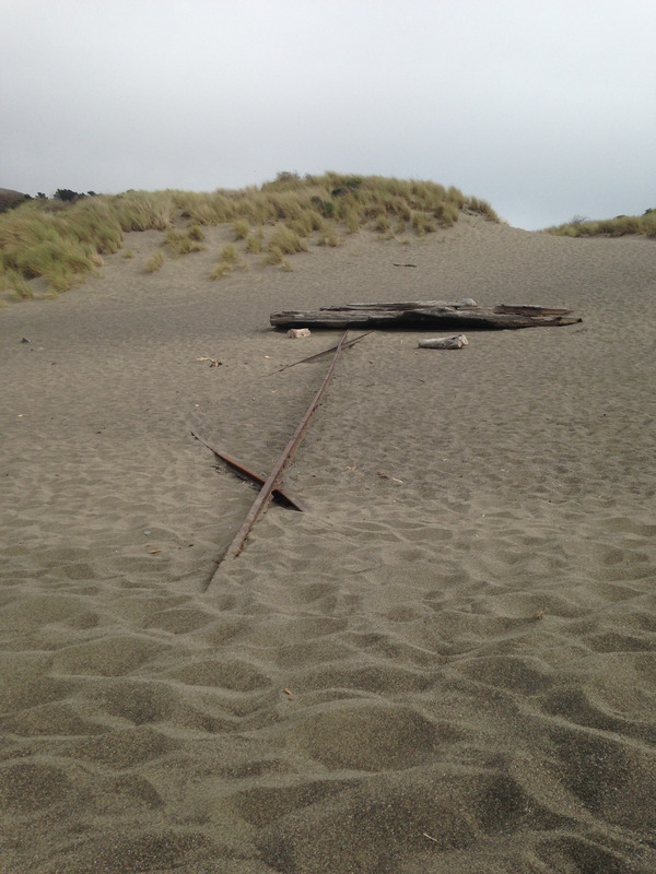 submerged railroad rail in the sand