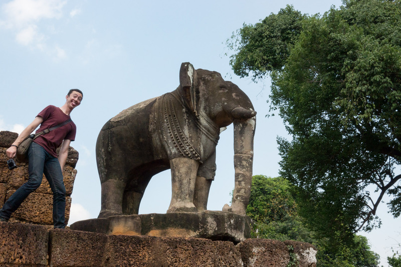 elephant sculpture and Jake at the East Mebon