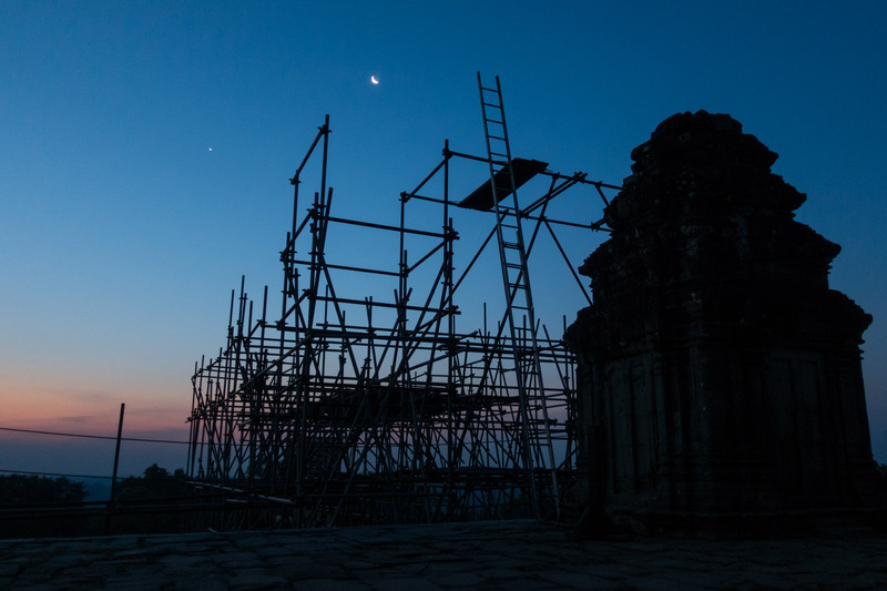 silhouetted tower and scaffolding