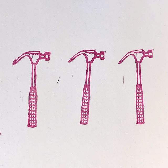 3 stamped images of a pink hammer