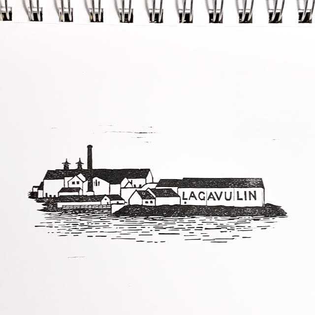 A black and white print of Lagavulin whiskey distillery.