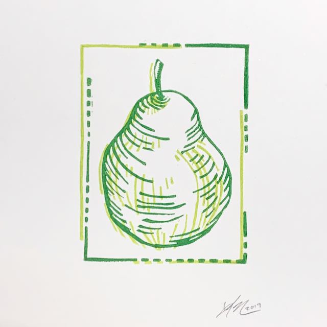 A print of a single pear, depicted in light and dark green. The two colors are not aligned.