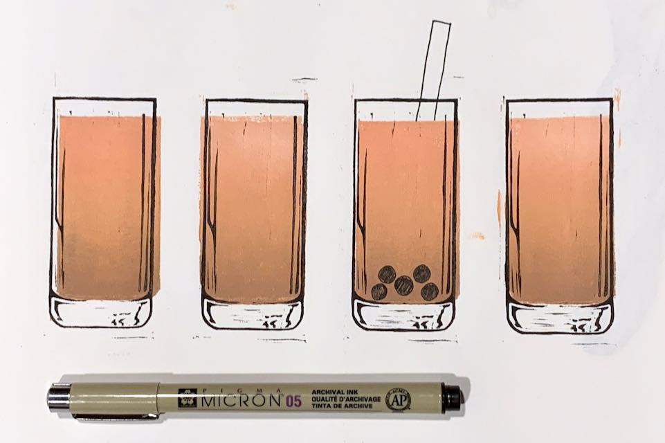 4 glasses filled with liquid, printed in a line. The liquid is printed in a brown-to-dark-peach gradient, like a Thai Iced Tea. The third glass from the left contains a hand-drawn straw and boba.
