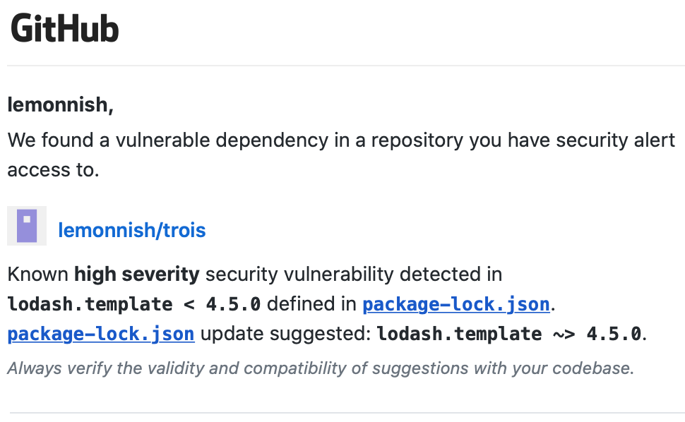 screenshot of an email notification for security vulnerabilities in the lodash npm package