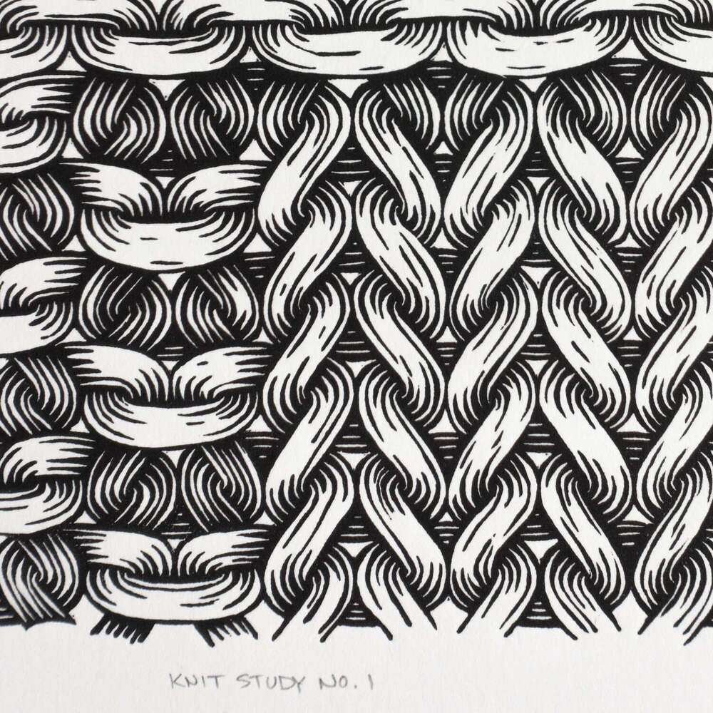 A black and white geometric design, depicting stylized knit stitches in a wood-block style. 'Knit Study No. 1' is written in pencil at the bottom of the image.