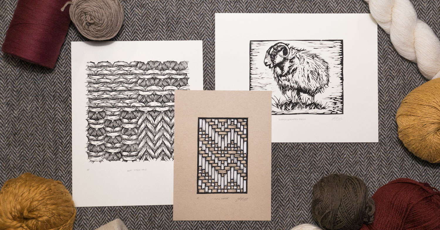Three rectangular prints depicting (from left to right) stylized knit stitches, a section of twill weave cloth, and a sheep. The images are surrounded by balls of yarn.