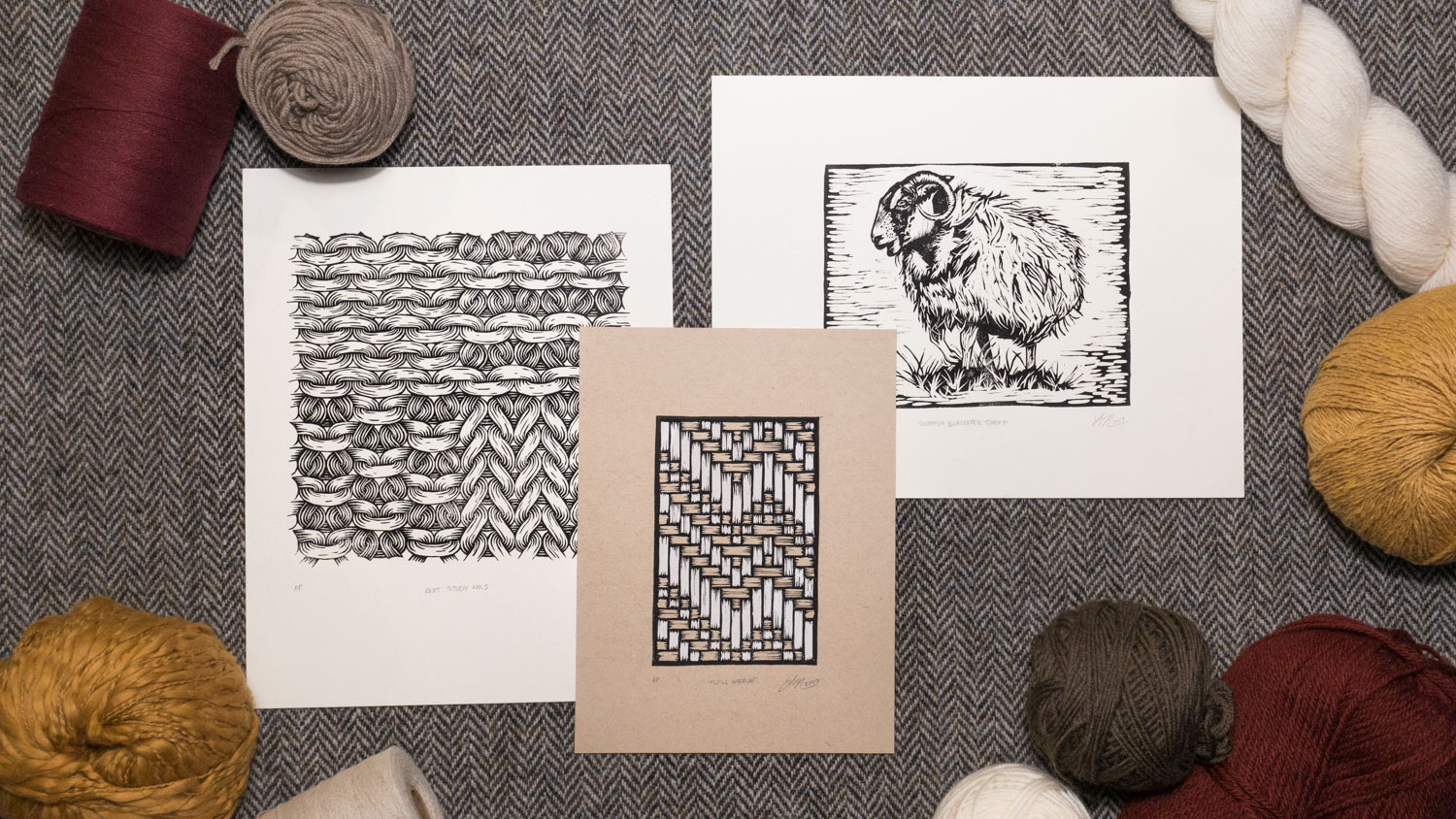 three black and white prints on white paper, depicting textile topics