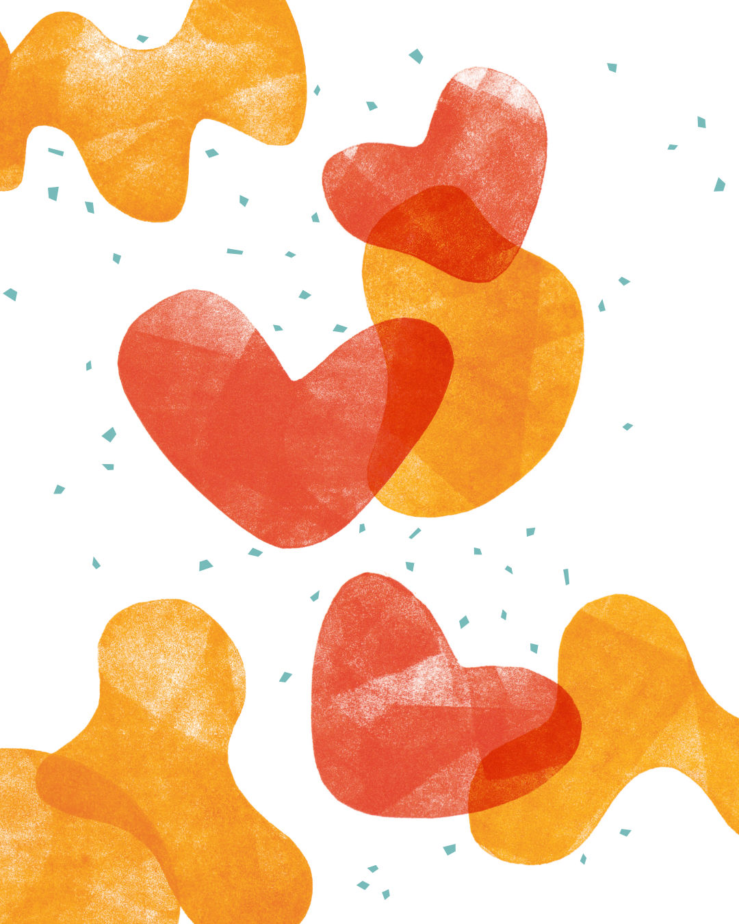 A digital illustration of orange blobs and red shapes that resemble hearts, all intermixed with light blue confetti shapes. The orange and red shapes are patchily colored.