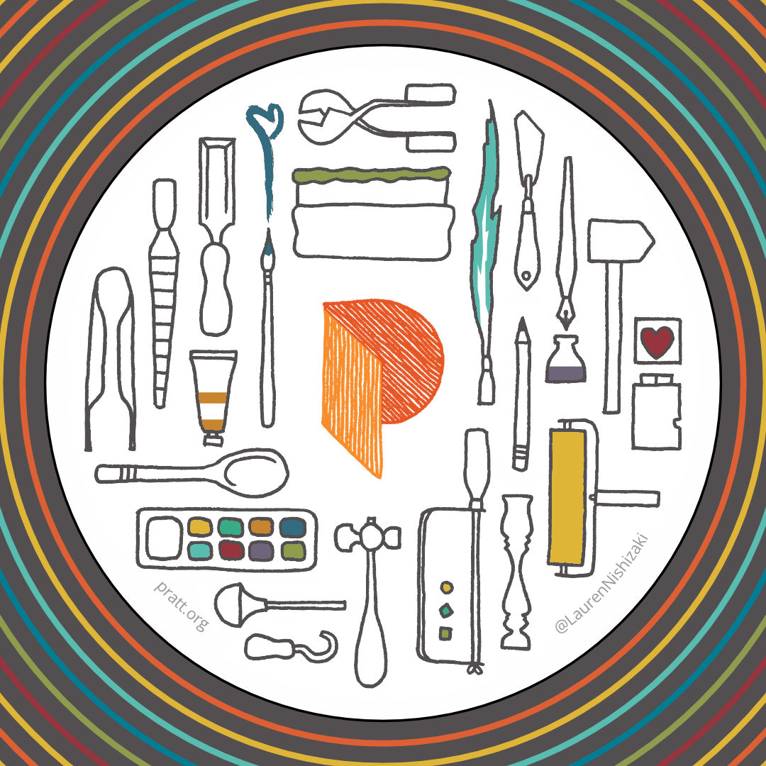 A digital illustration of 20+ hand-drawn tools are arranged within a circle. The circle is surrounded by concentric colored lines on a dark grey background.