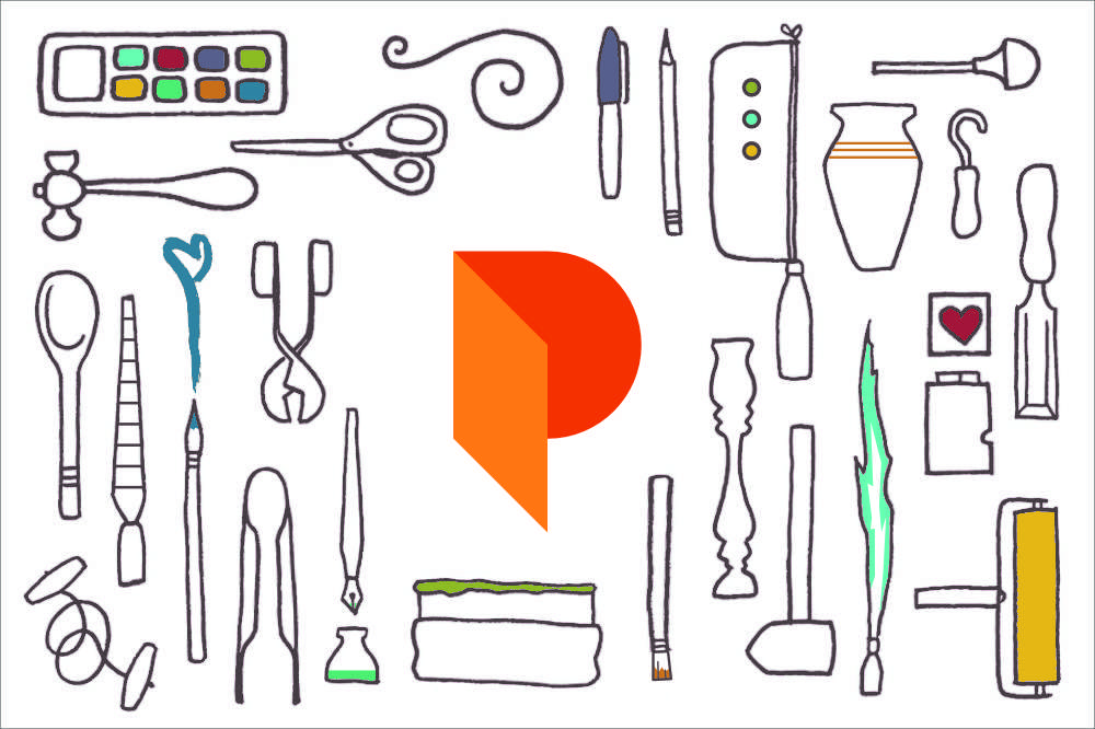 20+ hand-drawn art-related tools surrounding a two-tone abstract P. The tools include a ballpeen hammer, paintbrush, hacksaw, letterpress heart, chisel, and brayer, among many others.