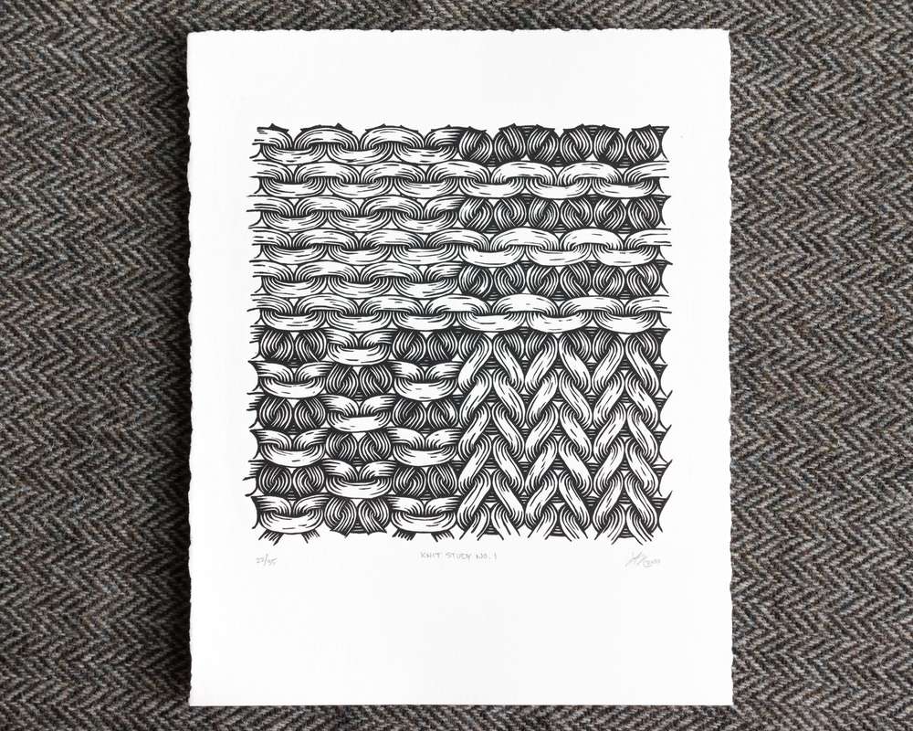 A vertical print in black ink on white paper, with textured paper edges. The printed area forms a square, with a 2x2 grid of different stitches. The top right quadrant is of garter stitch, with defined horizontal rows. The bottom right quadrant has repeating nested V-shapes. The bottom left quadrant is of seed stitch, with a checkerboard of light and dark stitches. The top left quadrant has horizontal marks.