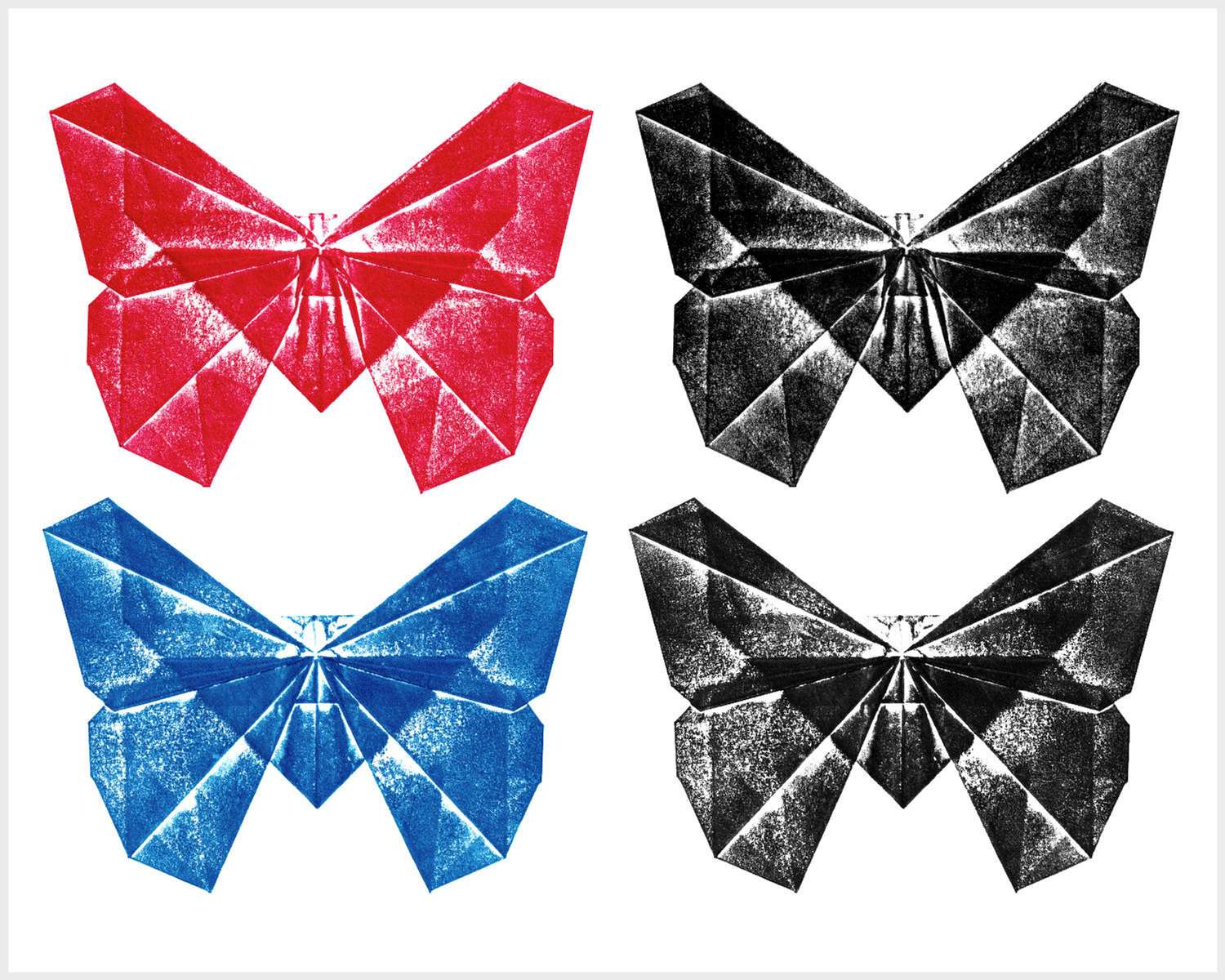 Four geometric butterflies arrayed in a 2x2 grid. The butterflies on the left are blue and magenta; the butterflies on the right are black.