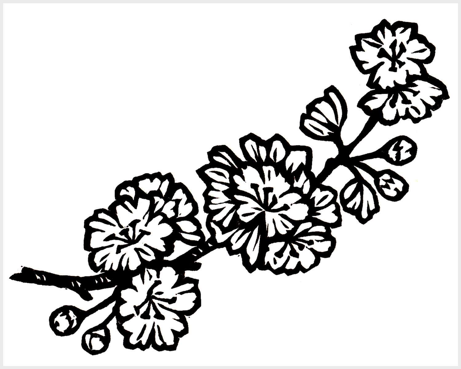 Black and white blockprinted sakura branch