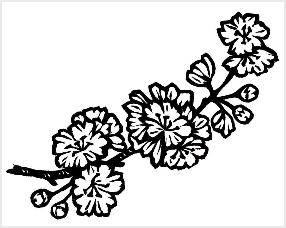 Black and white blockprinted sakura branch