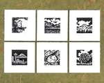 6 square prints on a green backdrop; each has black and white illustrations of mountains and critters.