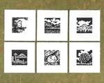 A 2x3 grid of 6 square prints on a green backdrop; each has black and white illustrations of mountains and critters