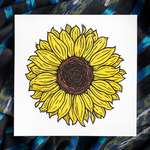 A single sunflower blossom viewed head-on, depicted in yellow and brown with black outlines. The design is centered within a white square paper.