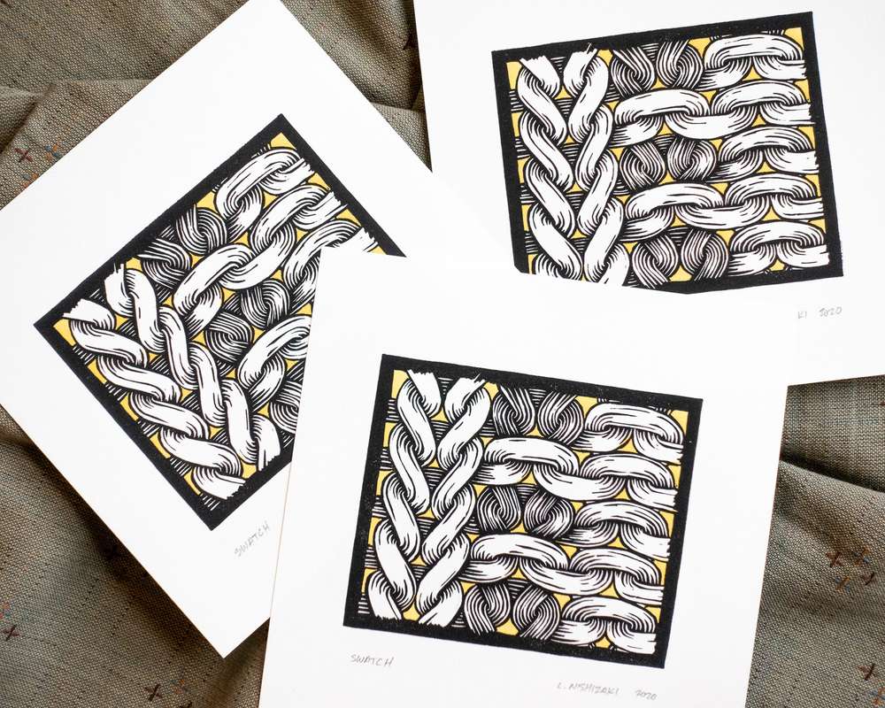Three overlapping square prints on white paper, each depicting a stylized rectangle of knit stitches. The stitches are printed in black and white with a black border, and the background is yellow.